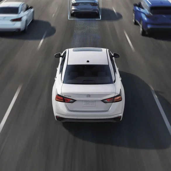 2027 Nissan Altima on freeway surrounded by cars with schematic drawings of ProPILOT Assist capabilities at Rob Green Nissan in Twin Falls ID
