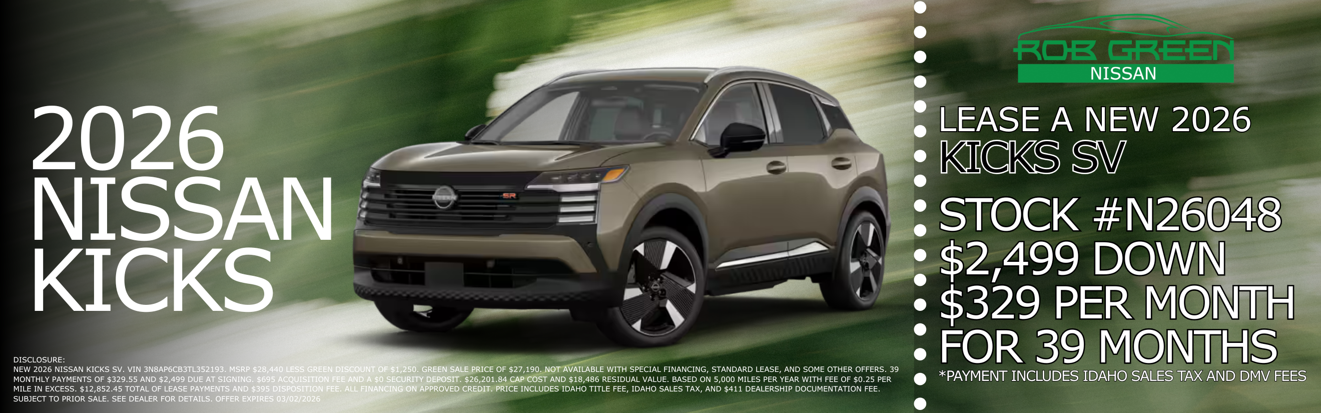 LEASE A NEW 2026 NISSAN KICKS SV FOR $329 A MONTH FOR 39 MON