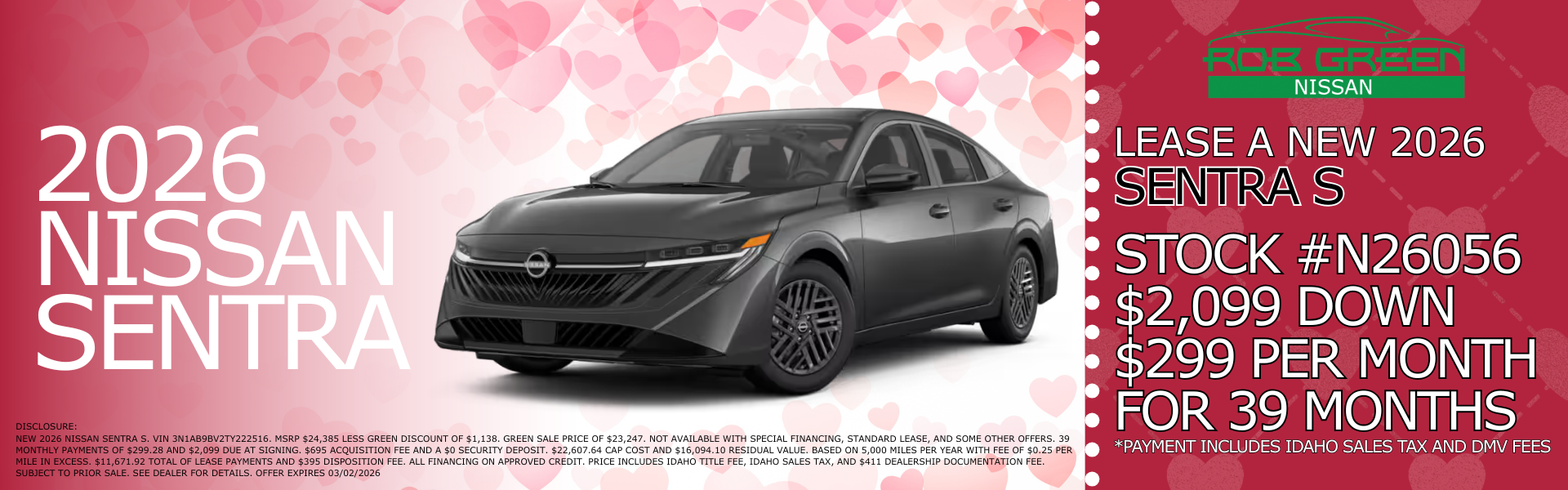 LEASE A NEW 2026 NISSAN SENTRA S FOR $299 A MONTH FOR 39 MON