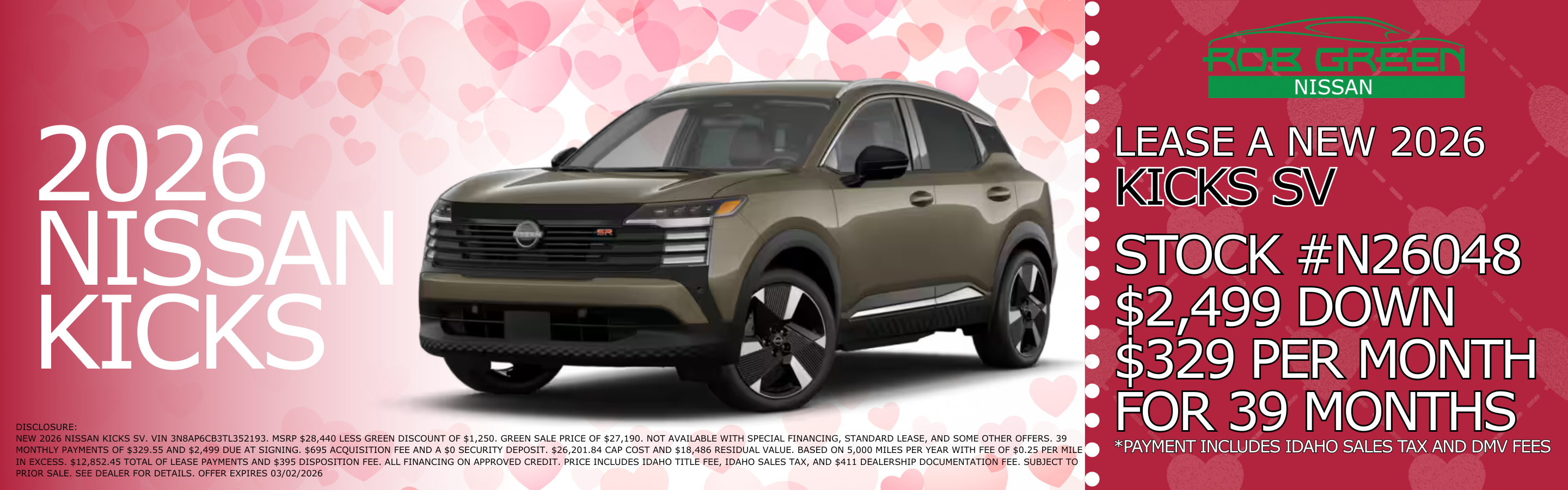 LEASE A NEW 2026 NISSAN KICKS SV FOR $329 A MONTH FOR 39 MON