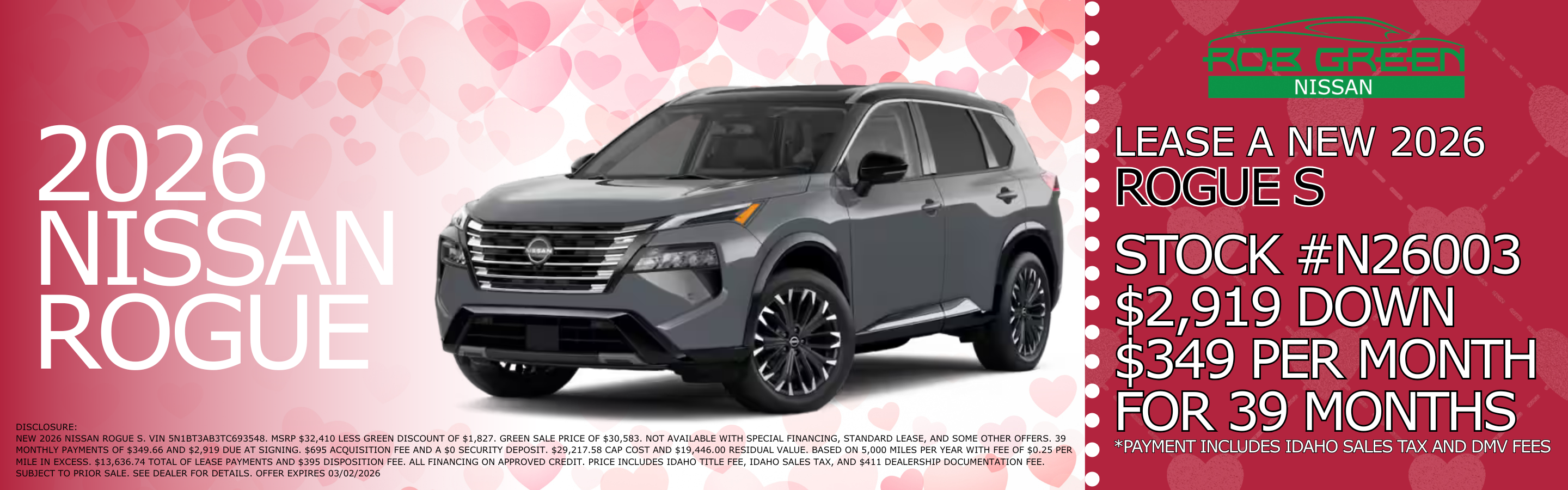 LEASE A NEW 2026 NISSAN ROGUE S FOR $349 A MONTH FOR 39 MONT