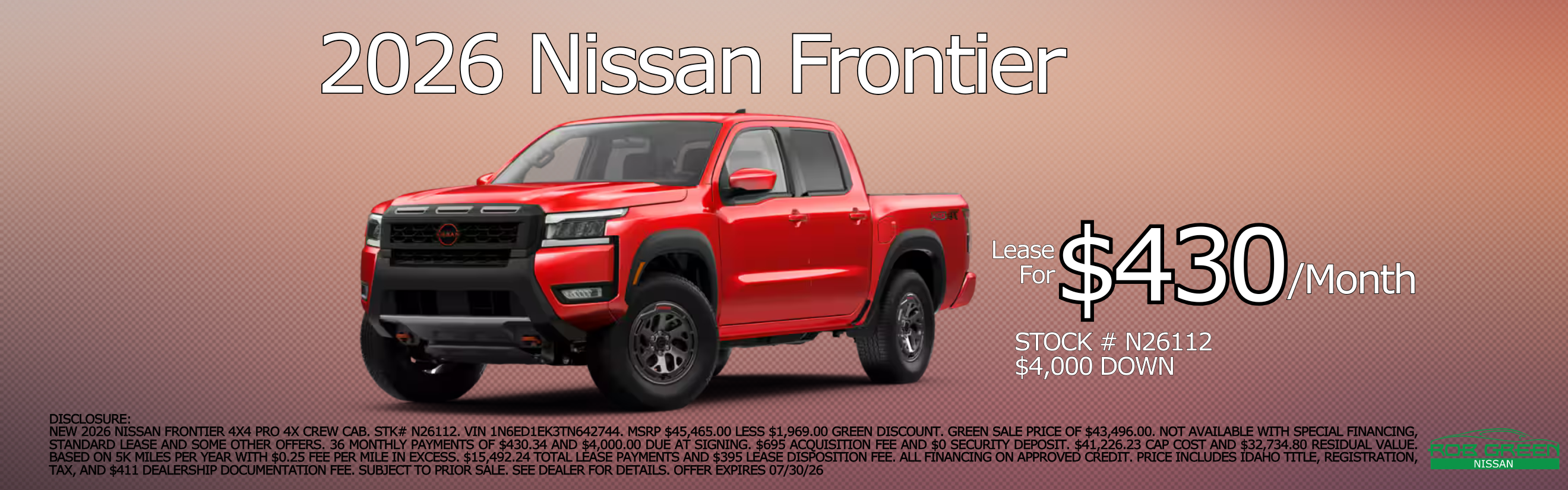 LEASE A NEW 2026 NISSAN FRONTIER 4X4 PRO 4X CREW CAB