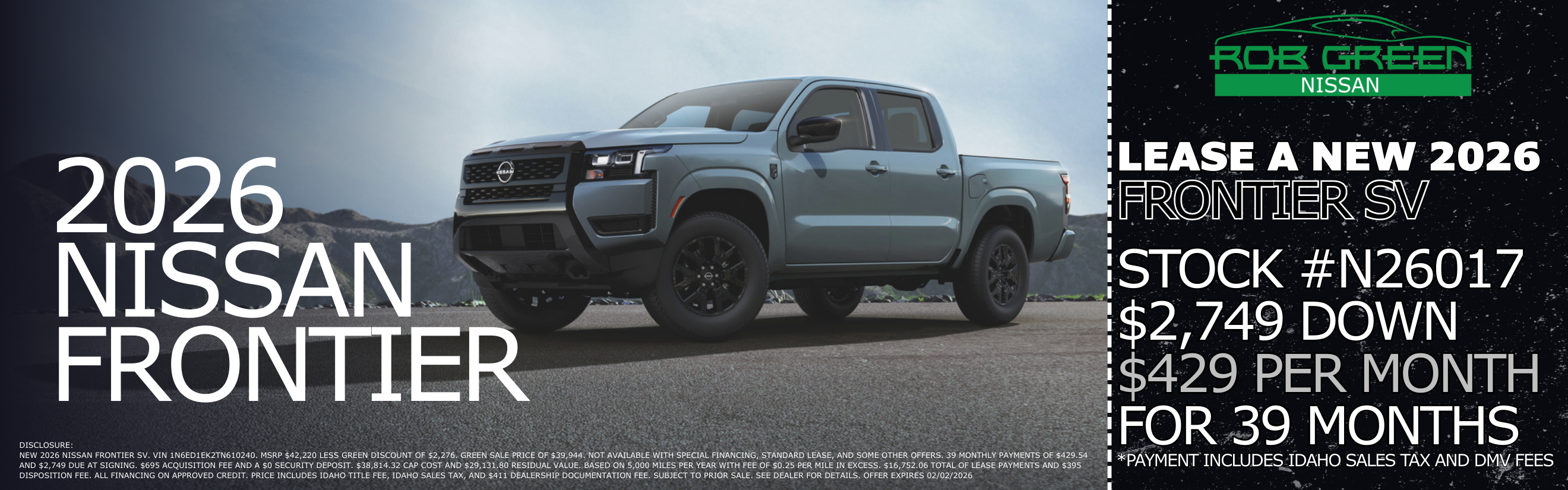 LEASE A NEW 2026 NISSAN FRONTIER SV FOR $429 A MONTH FOR 39 MONTHS