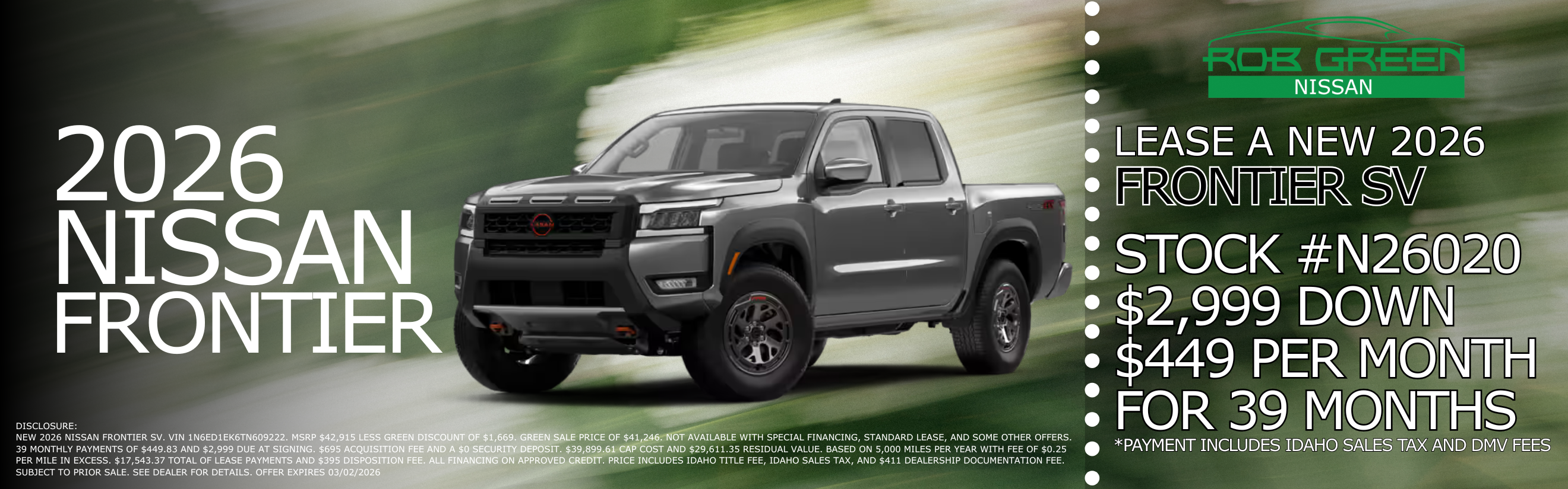 LEASE A NEW 2026 NISSAN FRONTIER SV FOR $449 A MONTH FOR 39 