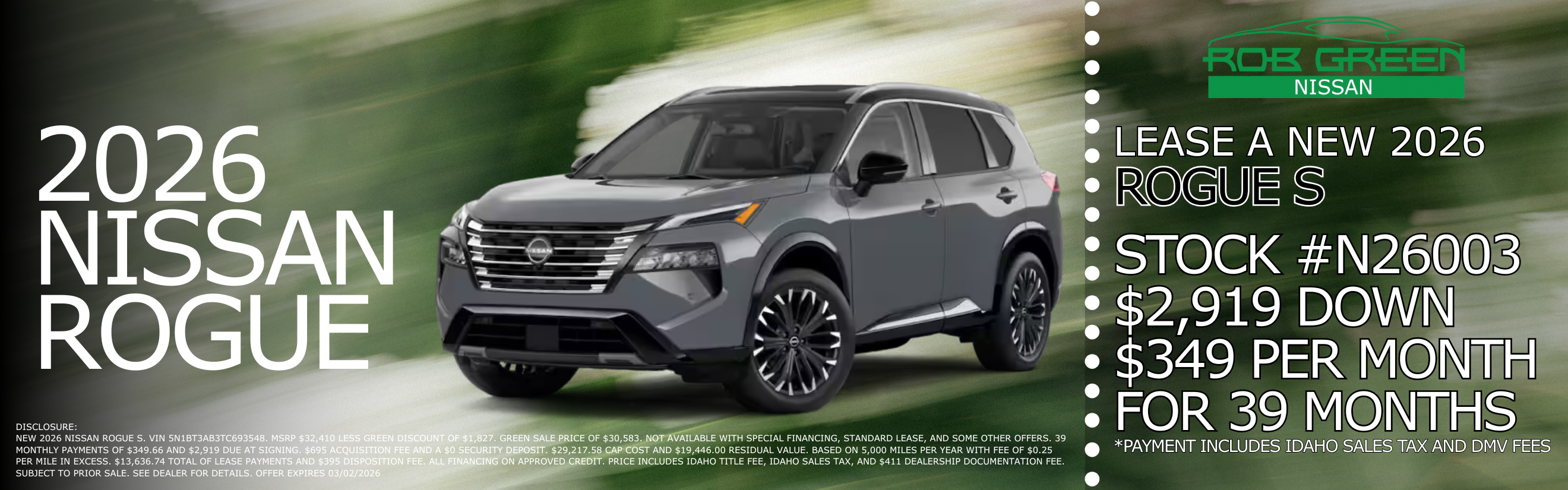 LEASE A NEW 2026 NISSAN ROGUE S FOR $349 A MONTH FOR 39 MONT